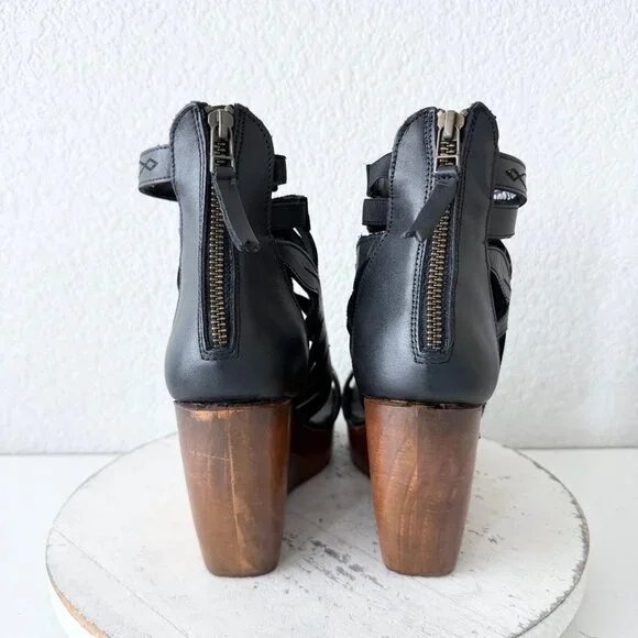 Lane Boots BECCA Womens Black Wedges 8.5 Western Sandals Cowgirl Wooden Heels - Picture 3 of 10